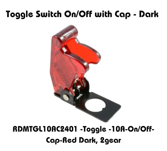 Red dark toggle switch with protective cap, model RDMTGL10AC2401, 10A on/off, 2-gear